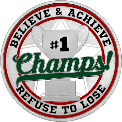Dark Green "Champs!" with Maroon Outer Circular Borders